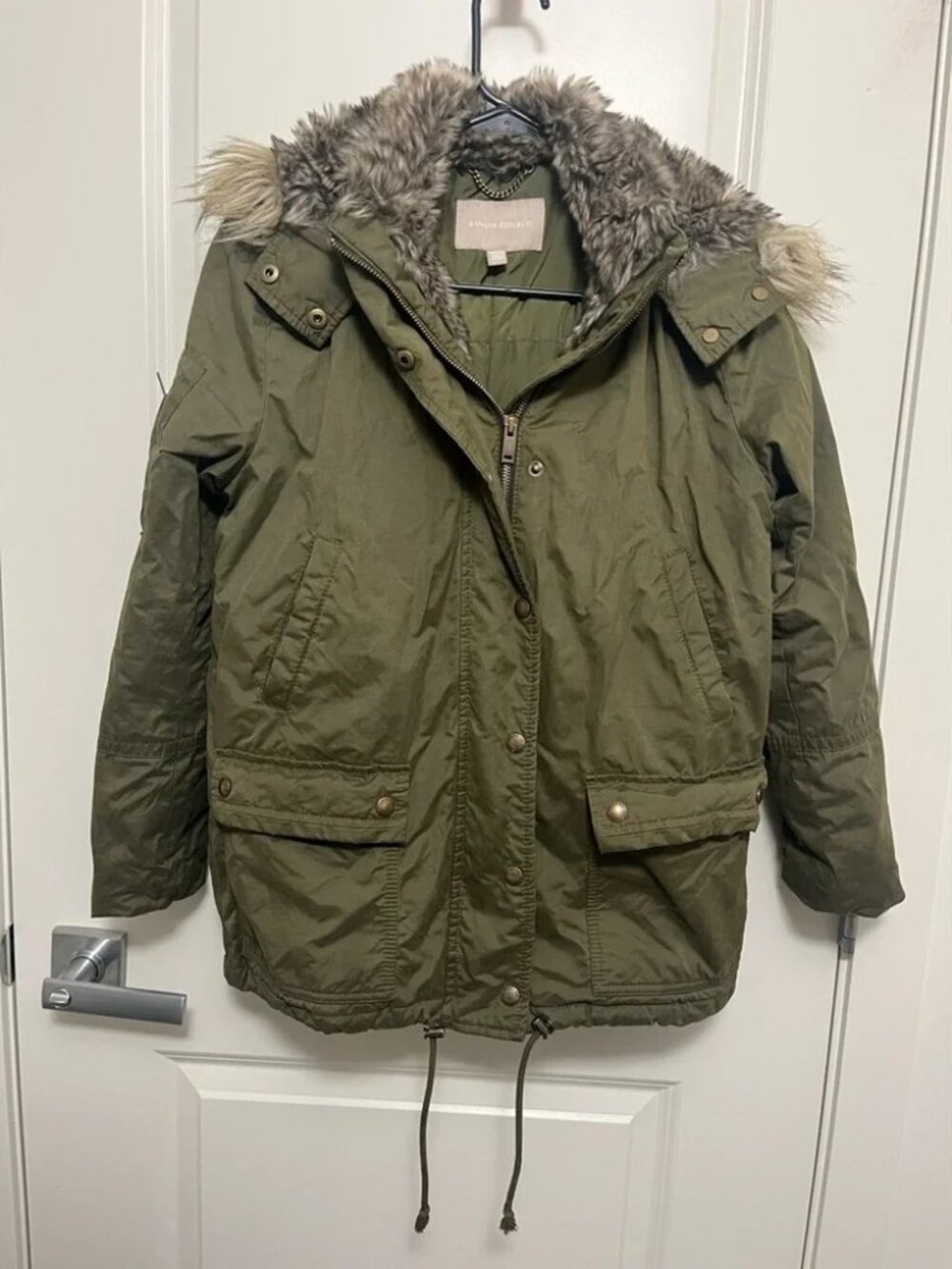 Banana Republic Women's Khaki Jacket with Faux Fur Hood in size XS